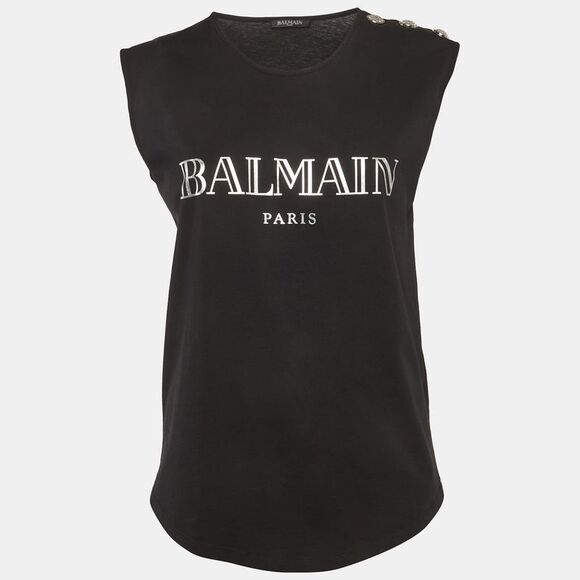 Balmain Tops - Balmain Black Logo Print Jersey Tank Top M